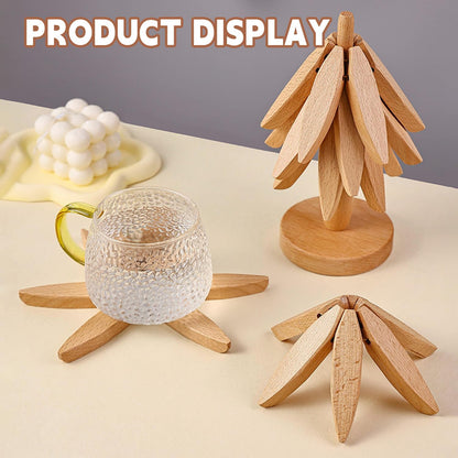 Wirov™  Foldable  Walnut Wooden Trivet Set - 5 Trivets + 1 Stand (offer)