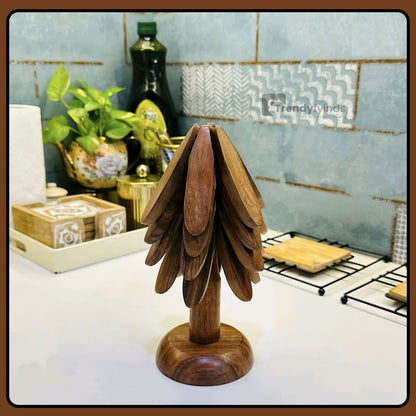 Wirov™  Foldable  Walnut Wooden Trivet Set - 5 Trivets + 1 Stand (offer)