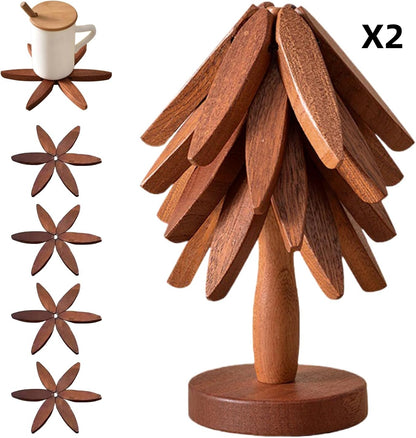 Wirov™  Foldable  Walnut Wooden Trivet Set - 5 Trivets + 1 Stand (offer)