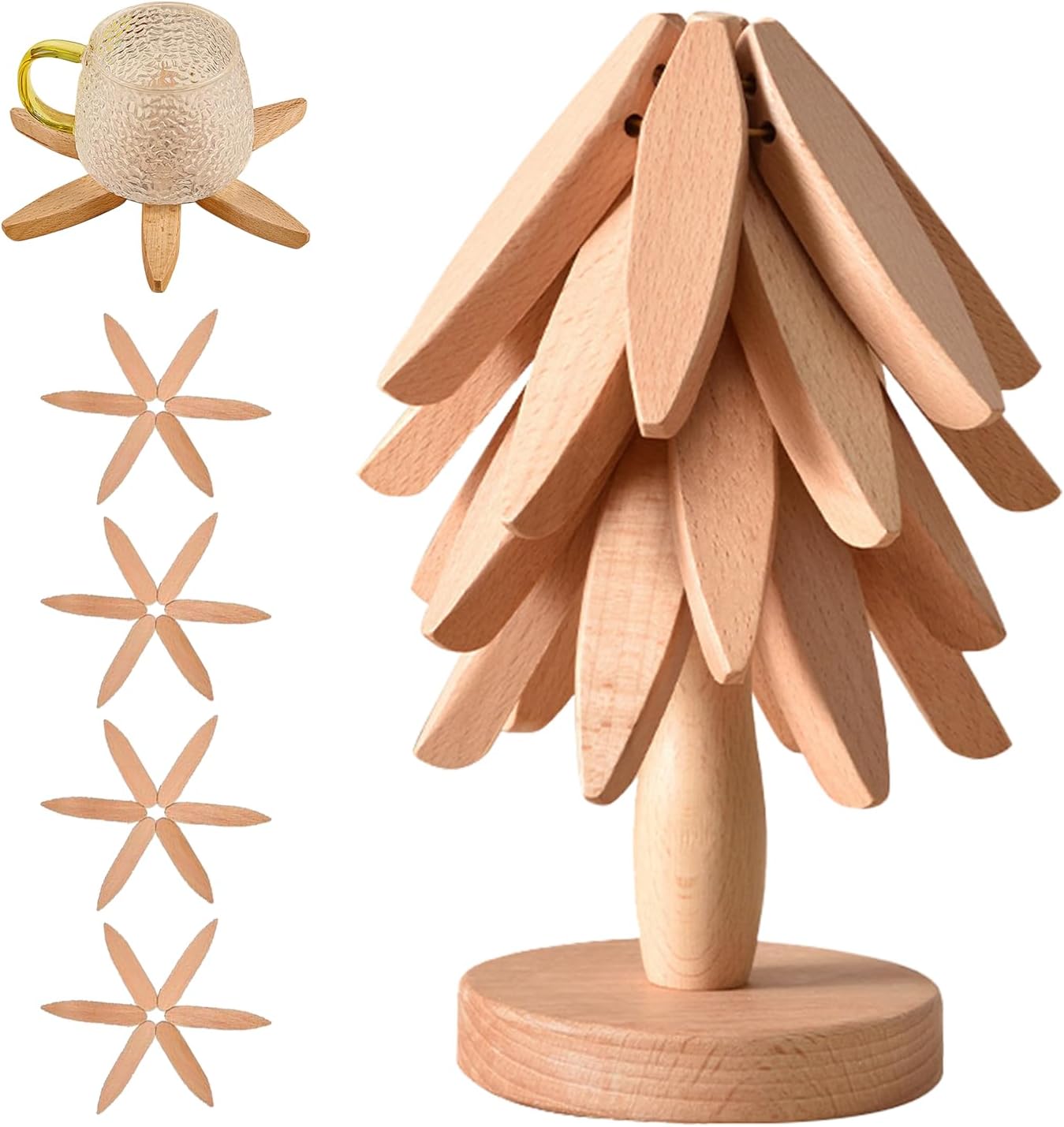 Wirov™  Foldable  Walnut Wooden Trivet Set - 5 Trivets + 1 Stand (offer)