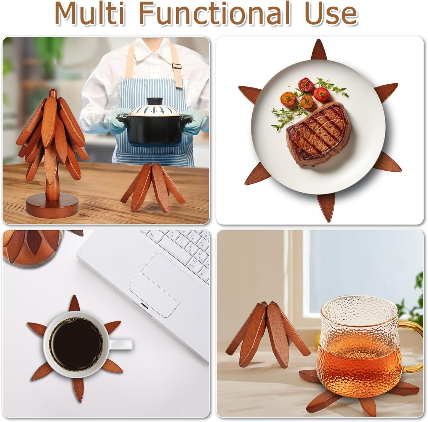 Wirov™  Foldable  Walnut Wooden Trivet Set - 5 Trivets + 1 Stand (offer)