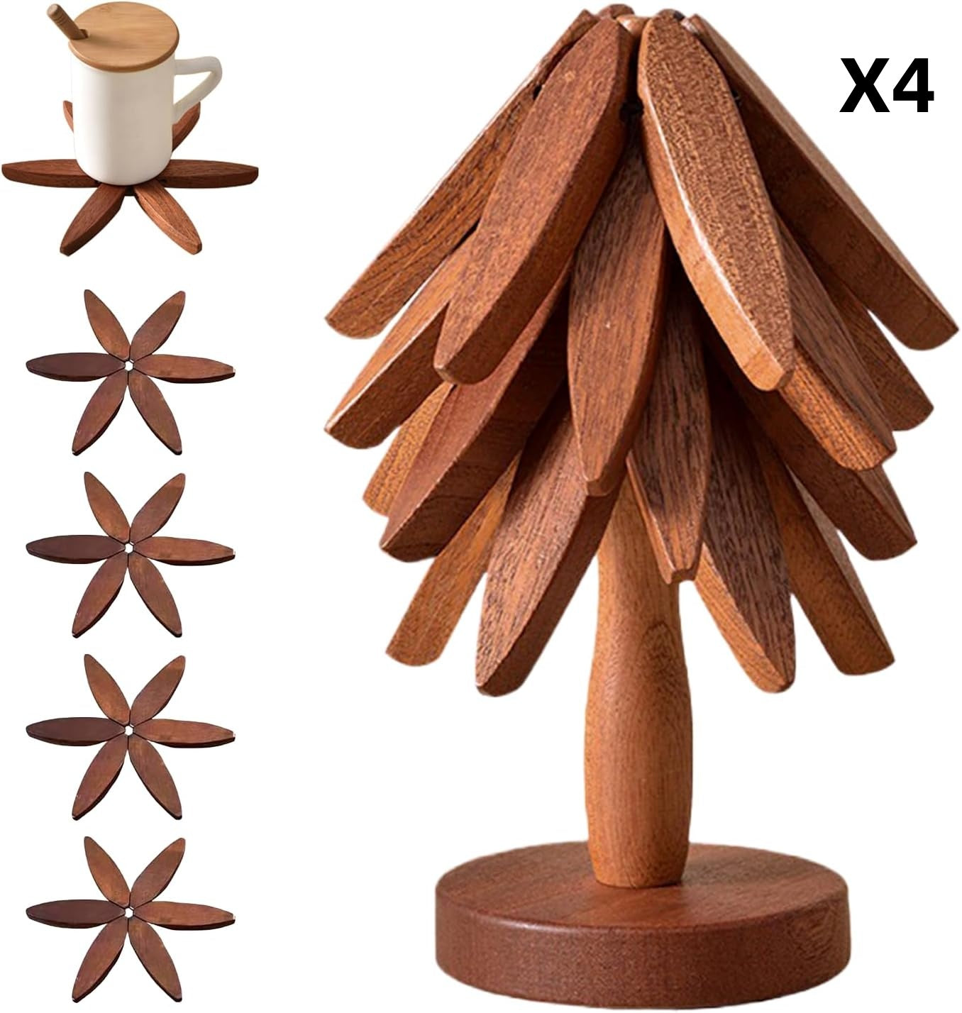 Wirov™  Foldable  Walnut Wooden Trivet Set - 5 Trivets + 1 Stand (offer)