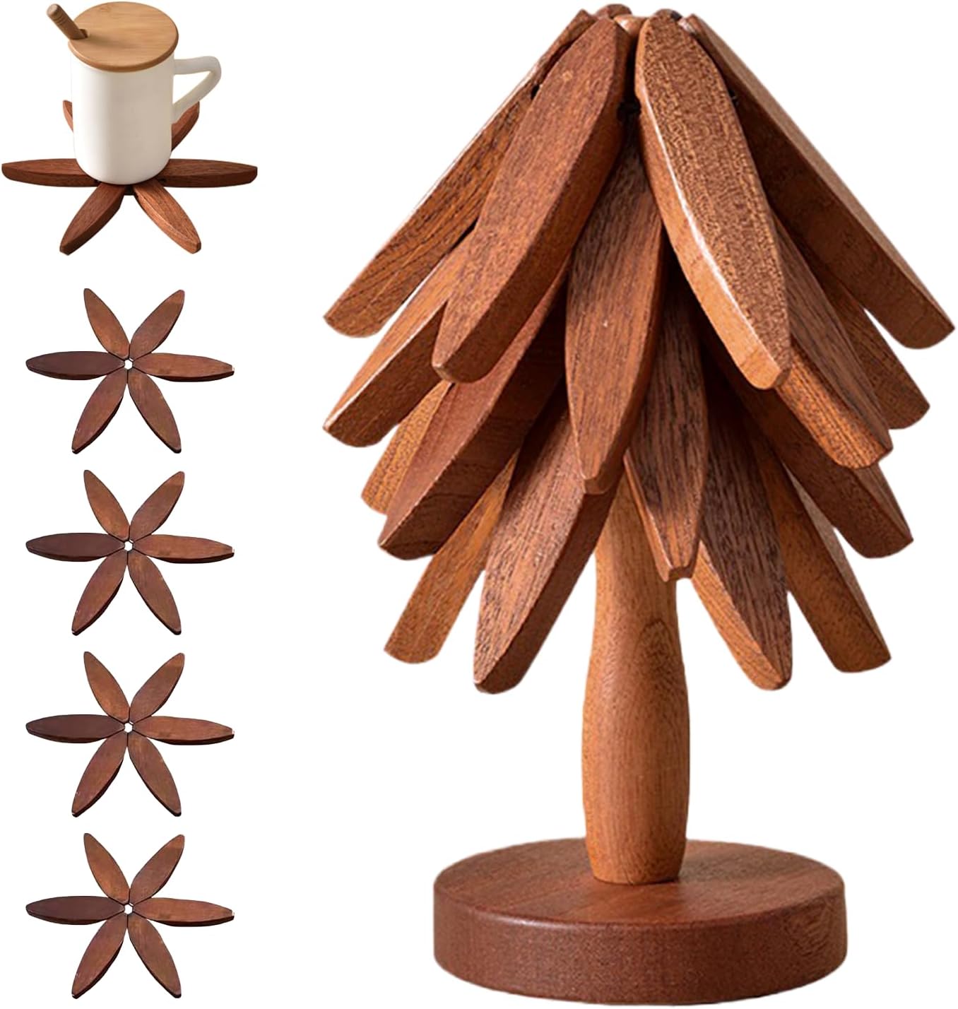Wirov™  Foldable  Walnut Wooden Trivet Set - 5 Trivets + 1 Stand (offer)