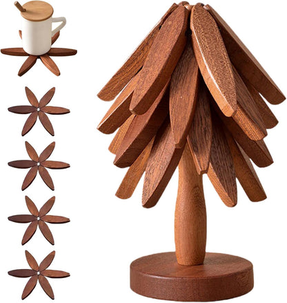Wirov™  Foldable  Walnut Wooden Trivet Set - 5 Trivets + 1 Stand (offer)